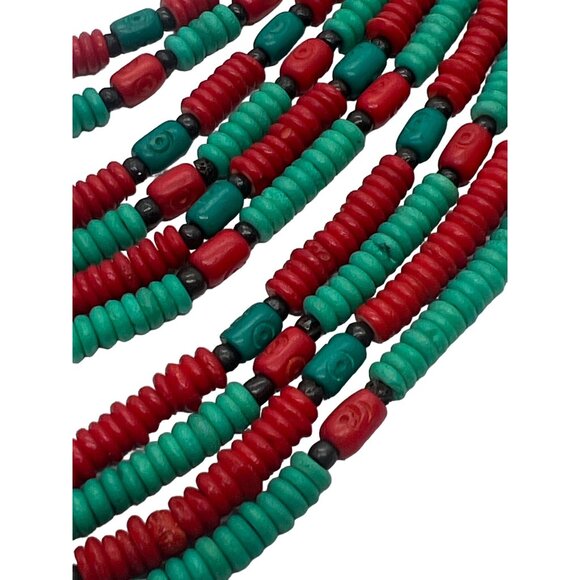 Red Turquoise Resin Bead Brass Necklace Fish Dangle Earrings Tribal Ethnic 20" - Picture 2 of 9